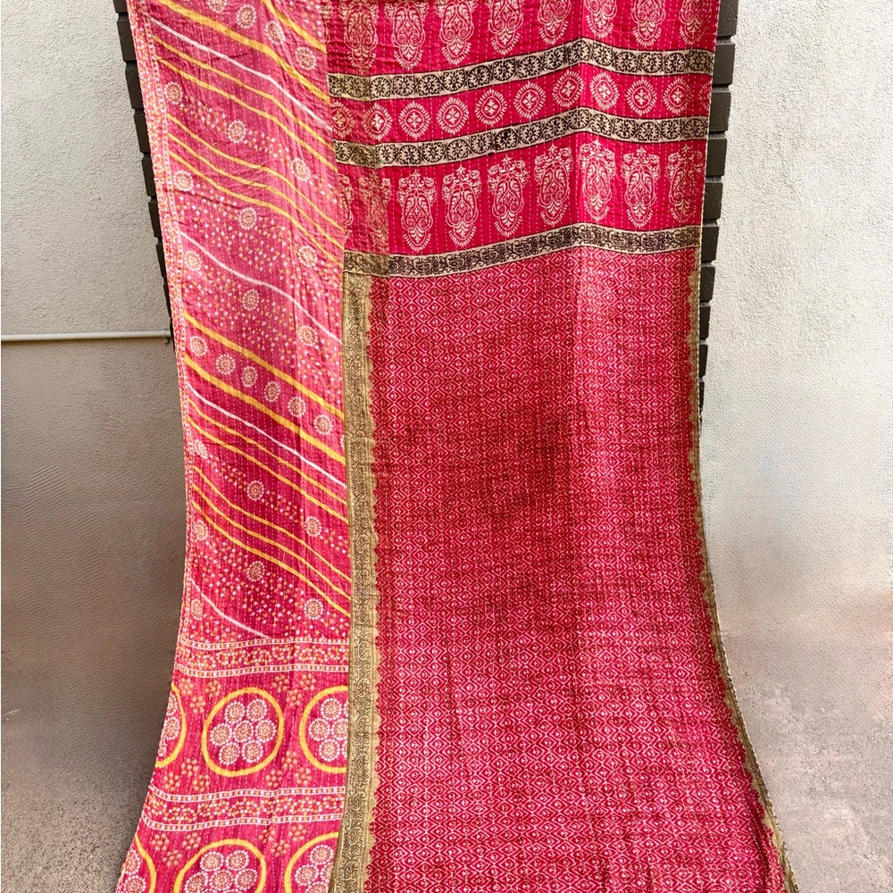 60x80 2 sided kantha- Vibrant Red and Pink Patterned Textile